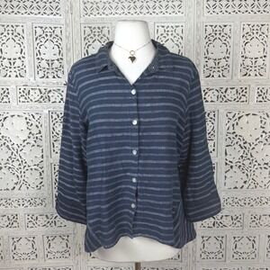 Habitat Clothes To Live In Blue Linen Striped Blouse Womens Small Lagenlook